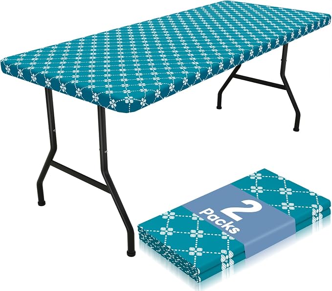 misaya 2 Pack Rectangle Vinyl Table Cloth, Elastic Fitted Tablecloth with Flannel Backing, Waterproof Plastic Table Cover Fits 6 Foot Folding Tables for Picnic, Camping and Outdoor (Teal, 30" x 72")