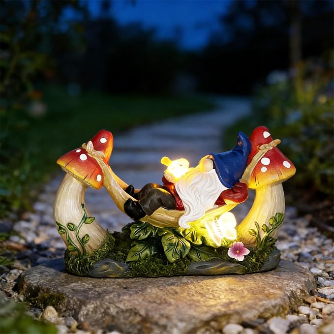 Solar-Powered Garden Gnome Statue - Mushroom LED Light Outdoor Lawn Ornament, Waterproof Resin Sculpture,Weather-Resistant Cute Figurine, Perfect for Yard, Garden Path, Patio Lighting Decor (Red)