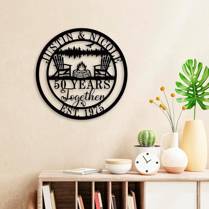 Personalized Campfire Family Name Sign, Monogram Name Camping Sign, Best 60th/50th/40th/30th/25th/20th/10/5 Anniversary Present for Couple Parent Women Mom Husband Wife