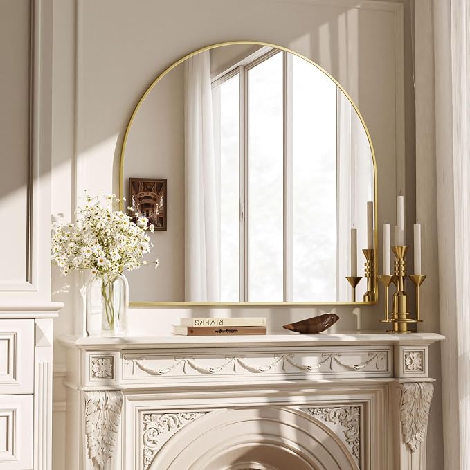 Wide Arched Wall Mirror, 31 x 32 inch Arch Bathroom Mirror Gold | Wall Mounted Bathroom Vanity Mirror with Arch Metal Frame, Modern Room Decor for Bedroom, Entryway, Hanging or Leaning