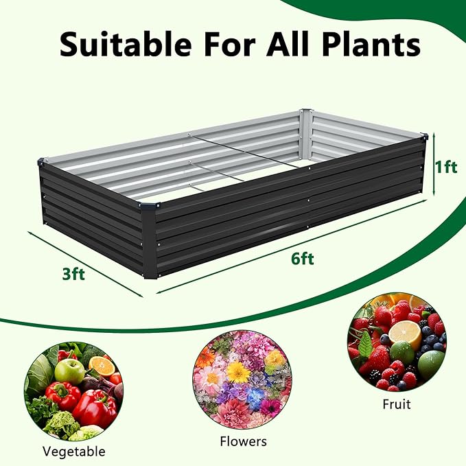 Meberam 2 Pack 6x3x1FT Galvanized Raised Garden Bed Kit, Outdoor Metal Planter Box for Vegetables, Bottomless Rectangular Gardening Bed with Support Rods, Tool-Free Assembly, Black