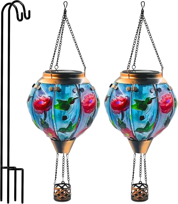 2PCS Solar Hot Air Balloon Flickering Flame Hanging Garden Light with Shepherd's Hooks, 18" H Waterproof Glass Outdoor Lantern for Yard Patio, Mother's Day Gift, Hummingbird