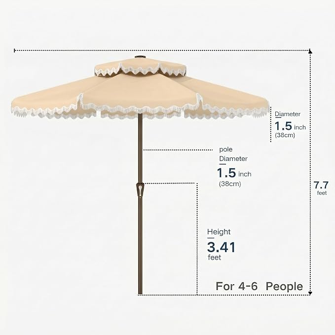 Patiokingdom 9FT Patio Umbrella with Fringe,Tassel Umbrella UPF 50+ & Push-Button Tilt,Rust-Resistant Fiberglass Frame for Pool,Garden,Backyard,Yard (Khaki -1)