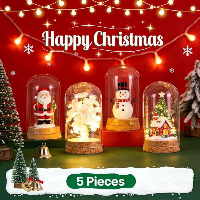 IMIKEYA 5Pcs The Bell Jar Glass Cloche with Rustic Wood Base, Tall Clear Decorative Cloche Glass Dome Display Case for Plants, Curios, Keepsakes, Heirlooms