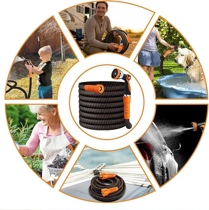 50FT Flexible Garden Hose & 10Modes Nozzle,Lightweight Water Hose,Kink-Free,All-Weather 3/4 in. Hose for RV,Boat,Car Wash,Garden,Yard,Camper,Outdoor None Expanding (Orange-Black, 50 Feet)