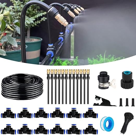50FT Drip Irrigation Kit, Automatic Garden Watering System with Tool-Free Quick Connectors, 360° Bending Drippers & Copper Misting Nozzles for Greenhouse, Patio, Lawn & Vegetable Garden. (15M)