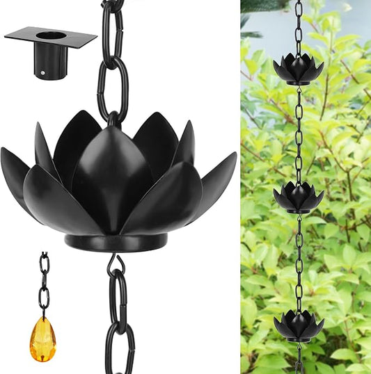Rifachua 8.5ft Black Rain Chain for Gutters Downspouts Outside, Black Plated Lotus Rain Chain Cups, Functional and Decorative Replacement for Gutter Downspouts