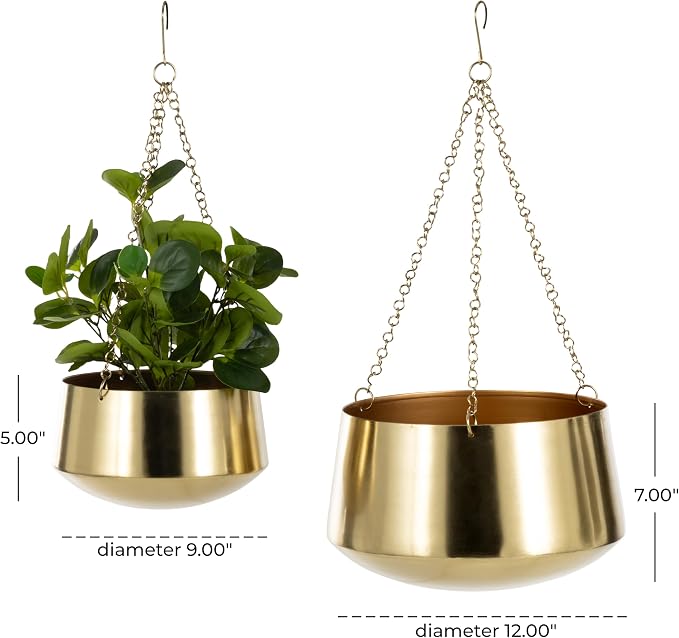 Deco 79 Metal Indoor Outdoor Wall Planter Indoor Outdoor Hanging Dome Hanging Planter with Chain, Set of 2 Plant Hanger 5", 7"H, Gold