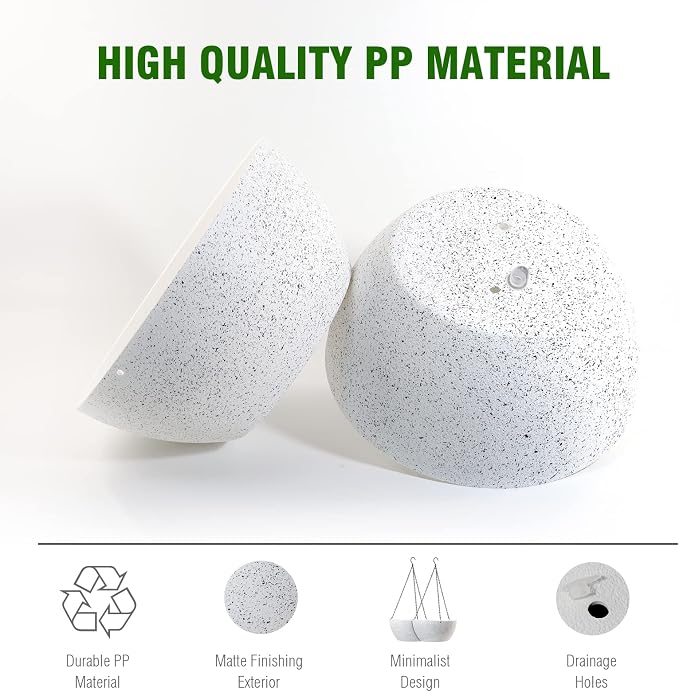 WSMKSZ 10 inch Hanging Planters for Outdoor Indoor Plants with Drainage Holes and Chain, 2 Pack Round Hanging Flower Plant Pots for Garden Home Porch Decor, Speckled White
