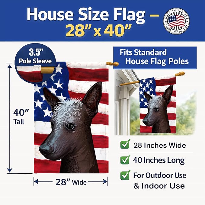 Caroline's Treasures CK6614CHF Mexican Hairless Dog American Flag House Flag Large Porch Sleeve Pole Decorative Outside Yard Banner Artwork Wall Hanging, Polyester, House Size, Multicolor