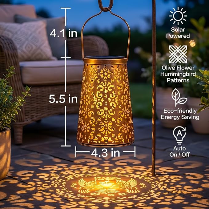 LeiDrail 4 Pack Solar Lanterns Outdoor Waterproof, Hummingbird & Flower Hanging Vintage Metal Lantern, Auto On/Off Garden Patio Yard Porch Pathway Decor, Gifts for Women Mom Grandma