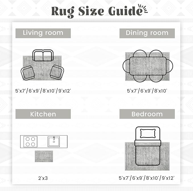Living Room Rugs 9x12: Washable Moroccan Geometric Boho Rug Farmhouse Non Slip Stain Resistant Large Rug Low Pile Soft Carpet for Bedroom Dining Room Children Room (Grey,9'x12')