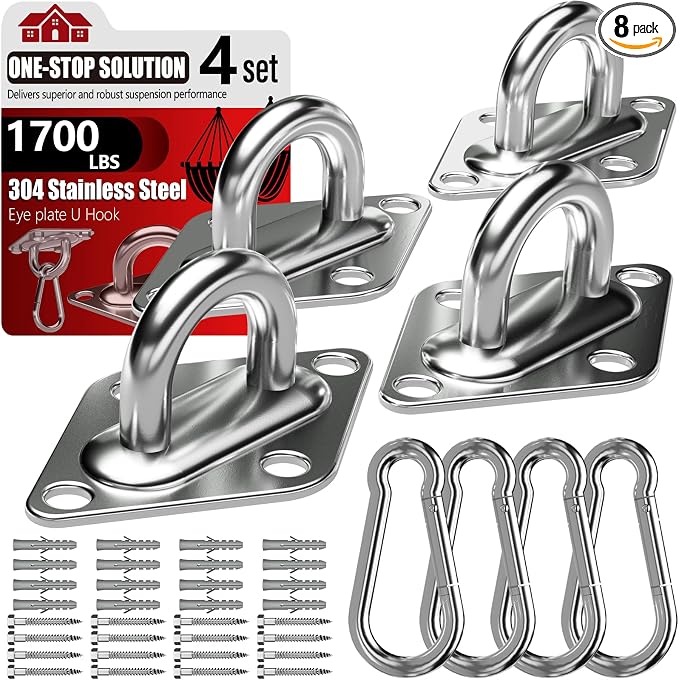 sprookber 304 Stainless Steel Pad Eye Snap Hooks, M10 Heavy Duty Ceiling Hook, 1700lb Capacity Hammock Swing Hanging kit, Plant Hangers, Marine Hardware Staple Hook Loop with Screws, Set of 8