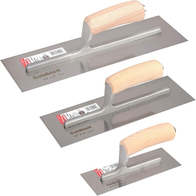 Goldblatt 3 Pieces Drywall Trowel, Carbon Steel Finishing Masonry Trowel Set Includes 14'' x 4'', 12'' x 4'', 8'' x 3'', Lightweight Wood Handle, Plastering Trowel for Drywall Wallboard Plasterboard
