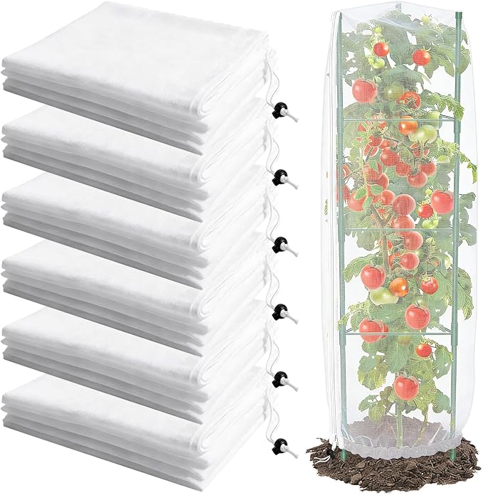 6 Pack Tomato Cage Netting Covers for Triangle Tomato Cages, 43" × 14.6" Fine Mesh Garden Netting with Easy-Access Zipper & Adjustable Drawstring, Durable Bird & Insect Barrier for Tomato Plants