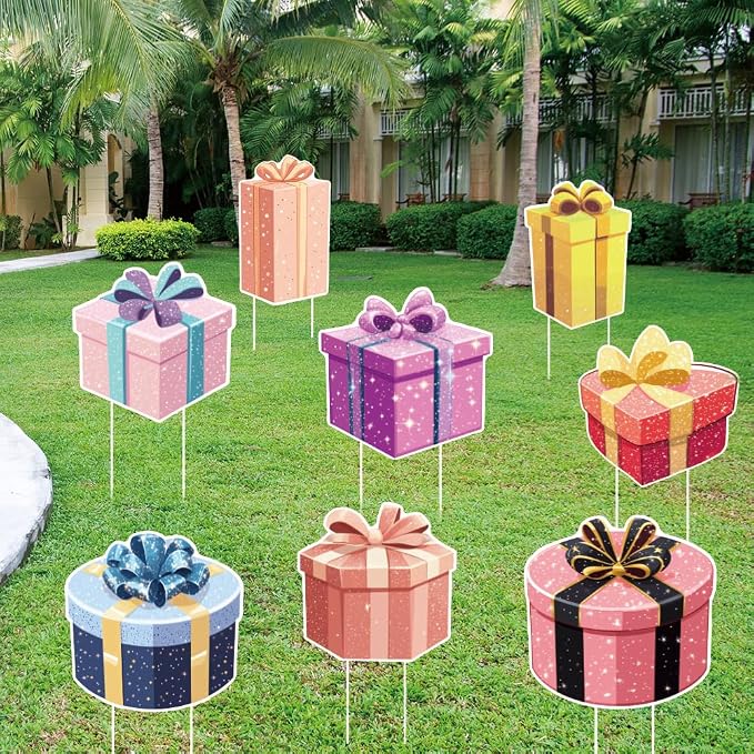 SUPERDANT 8Pcs Gift Boxes Yard Sign with 16 Stakes Gift Party Lawn Decorations Surprise Waterproof Sign for Outdoor Backyard Garden Birthday Decoration