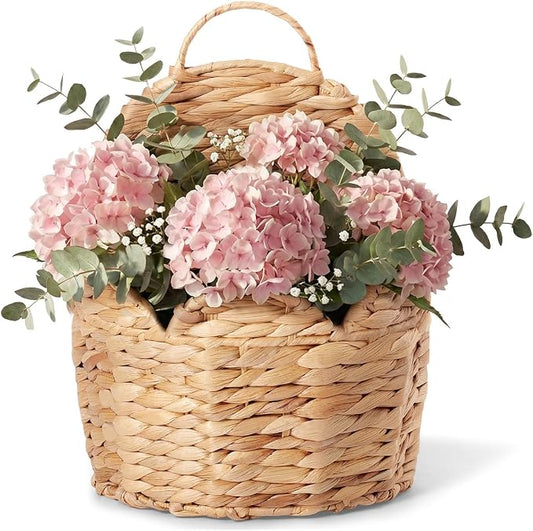 Door Basket Scalloped Hanging Storage Basket,Water Hyacinth Woven Wall Baskets for Front Door Decor, Hangable Storage Organize for Flowers,Planter,Mails,Wicker Baskets for Organizing Garden - S