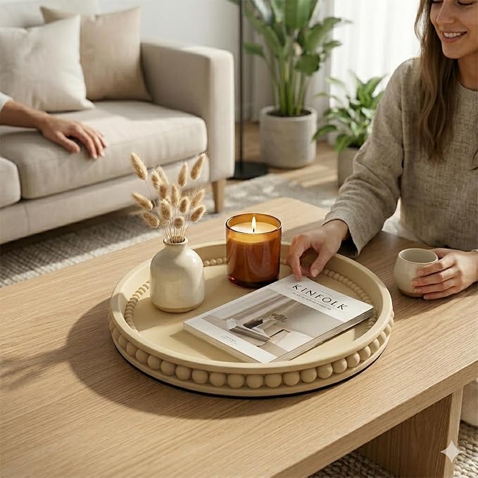 11" Round Concrete Decorative Centerpiece Tray for Coffee Table Beige | Modern minimalist centerpiece tray for coffee table, living room, dining & office storage display, sturdy tabletop home decor