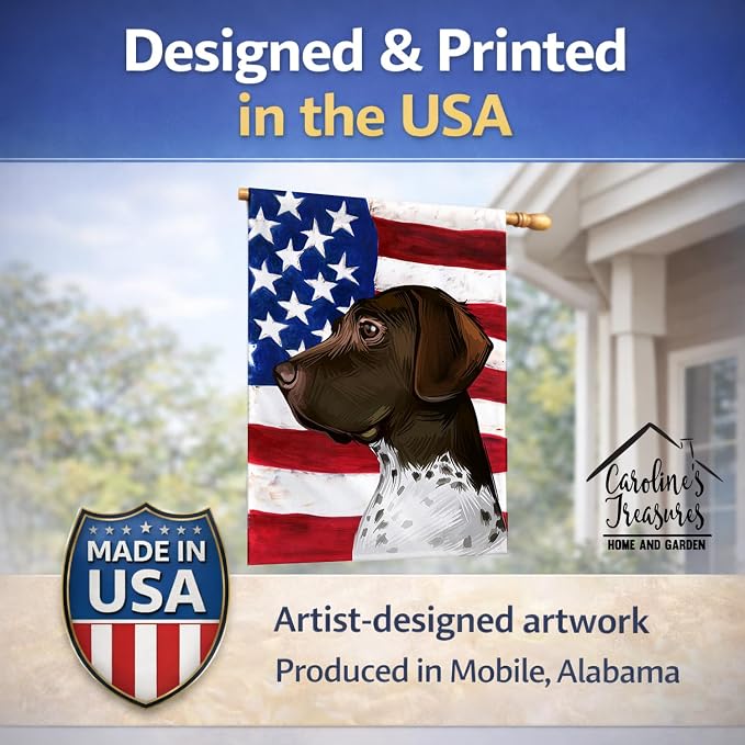 Caroline's Treasures CK6634CHF Old Danish Pointer Dog American Flag House Flag Large Porch Sleeve Pole Decorative Outside Yard Banner Artwork Wall Hanging, Polyester, House Size, Multicolor
