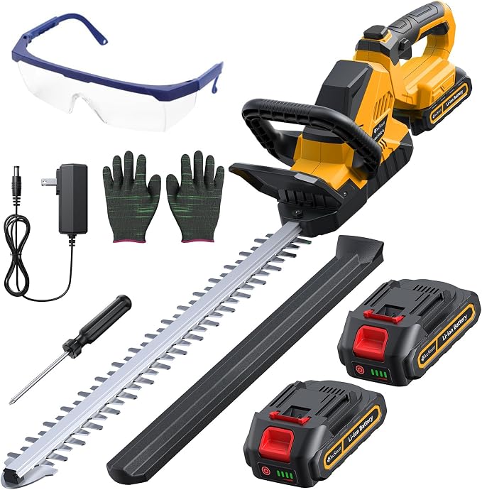 20'' Hedge Trimmers Cordless with Battery, 3000RPM Brushless Electric Bush Clipper with 2pcs 2000mAh Rechargeable Batteries, 180° Rotatable Head, 2/3'' Blade Gap Yellow,Gifts for Father’s Day