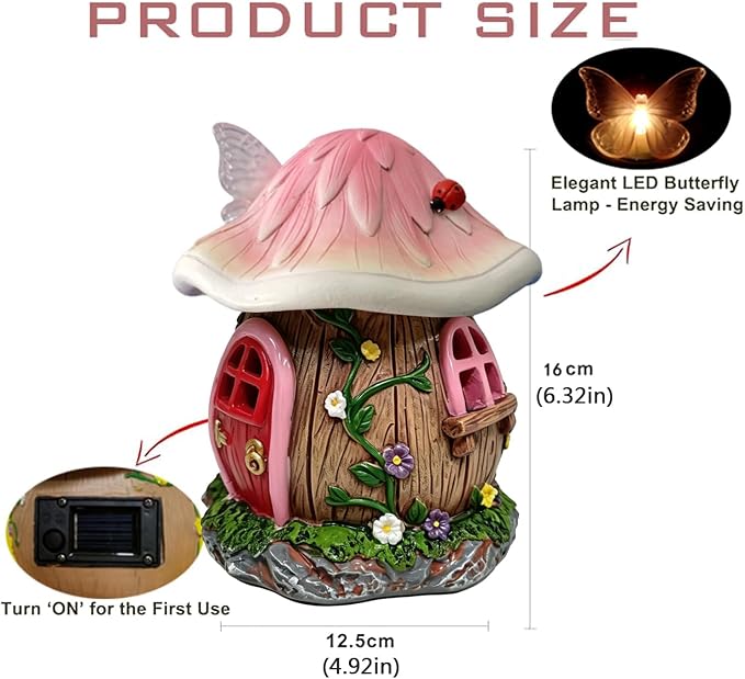 Mushroom Fairy Garden House Statue Outdoor Figurine with Solar Light,Garden Fairy House Decor,Fairy Cottage Ornaments,for Patio Yard Balcony Decoration,Gifts for Mom & Women