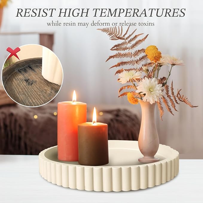 13" Round Concrete Decorative Centerpiece Tray for Coffee Table Cream | Modern minimalist centerpiece tray for coffee table, living room, dining & office storage display, sturdy tabletop home decor