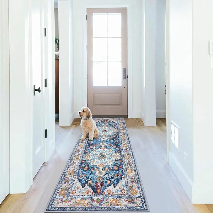 U'Artlines 2' x 6' Boho Hallway Runner Rug Non Slip Washable Runners,Blue | Vintage Farmhouse Kitchen Rug Accent Area Carpet for Entryway Laundry and Living Room