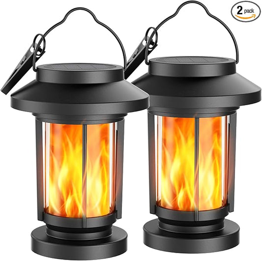 Greluna Solar Lantern Outdoor, Flickering Flameless Solar Lights Hanging Lantern, Waterproof Auto On/Off Decorative Solar Garden Lights for Patio Yard Porch Pathway Camping Decor 2 Pack