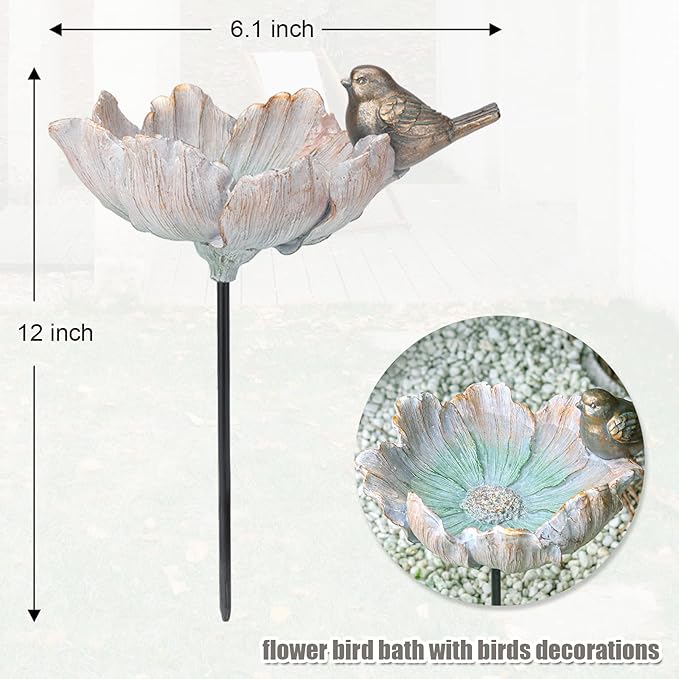 MUMTOP Outdoor Antique Bird Bath Small Flower Bird Baths Bowl Resin Birdbaths for the Garden with Metal Stake