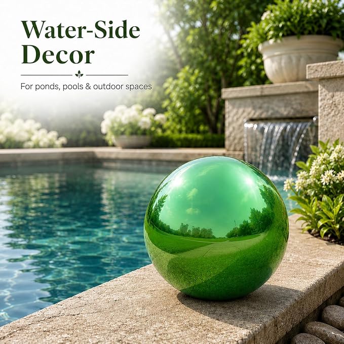 Gazing Ball Garden Mirror Outdoor - 10 Inch Outside Decorative Globe, Green | Metal Polished Reflective Sphere, Stainless Steel Hollow Decoration Ornament for Home Pond Swimming Pool Housewarming Gift