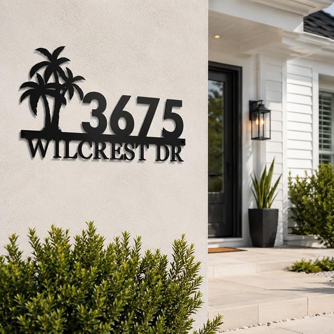 Custom Metal House Number Sign Personalized Address Plaque for Tropical Outdoor Street Number Display Porch Yard Mailbox Fence Gift