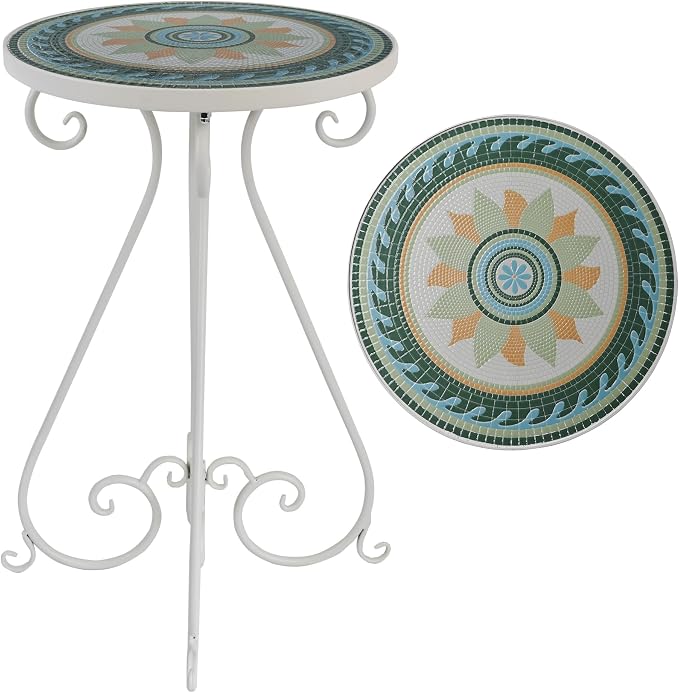 Outdoor Side Table & Mosaic Ceramic Plant Stand, 14" Metal Round End Table for Garden Home Patio Yard Porch Patio Decor Weather Resistant Outside Accent End Furniture (Flower#3)