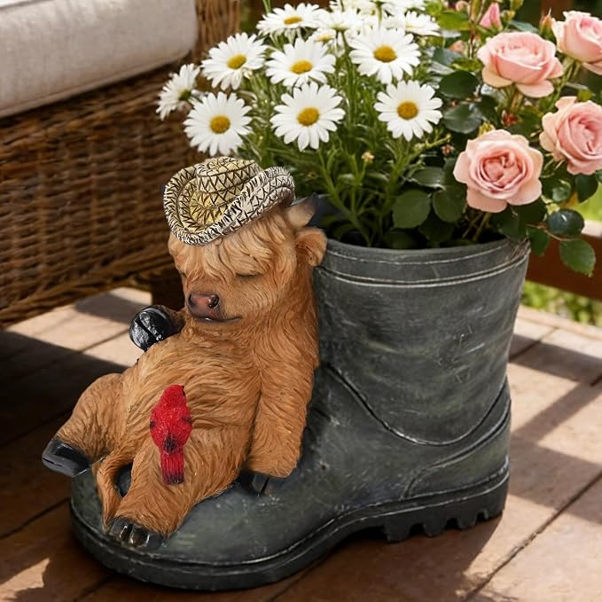 Rain Boot Planter with Sleeping Highland Cow - Unique Outdoor Resin Flower Planters for Garden Decor Patio Porch - Cute Decorative Pots for Succulents