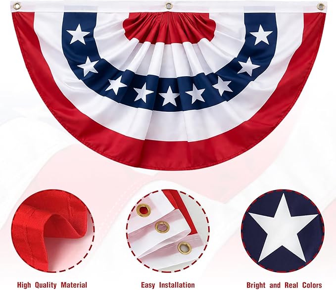 3x6 FT American Bunting Flags Outdoor, 4th of July Pleated Large Fan Flags, USA Patriotic Banner Decorations for 250th Anniversary, Outside Porch, Fence, Yard Garden, Red White and Blue Decor (4)