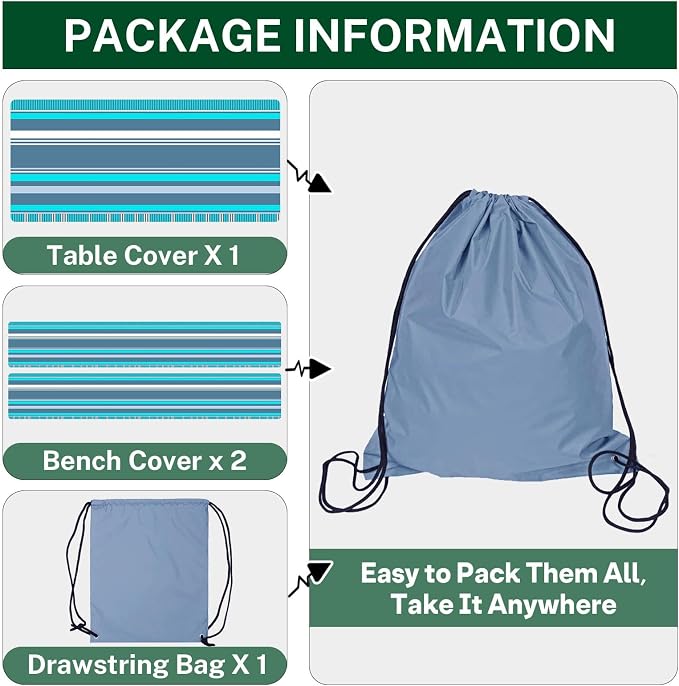 Picnic Table Cover with Bench Covers Elastic Edges, Blue Grey Tripes Camper Fitted Table Cover, Outdoor Patio Camping Essentials 72 Inch 3PCS, Waterproof Camping Fitted Tablecloth with Drawstring Bag