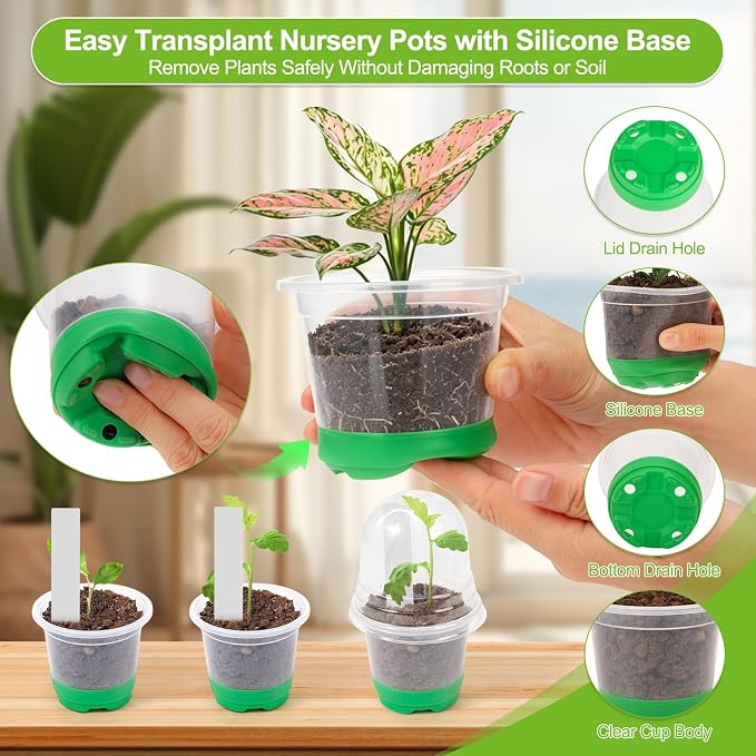 59Pcs Clear Nursery Pots Kits with Grow Light Includes 22 Pack 4'' Seed Starter Pots with Silicone Base & Lids, Clear Plant Pots for Propagation, Seedling Pots Kit with Drainage, Labels, Repotting Mat