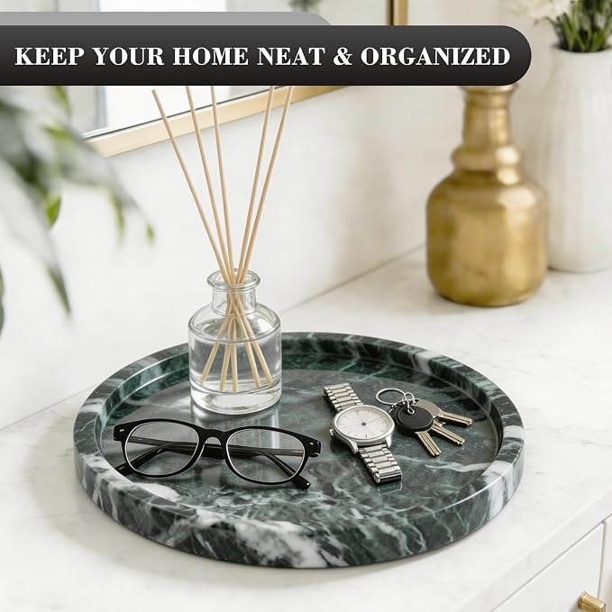Natural Round Marble Tray - 7.8" Marble Vanity Tray for Dresser, Bathroom, Decorative Jewelry Dish for Perfumes Rings Earrings Necklaces, Stone Tray for Home Décor, Green