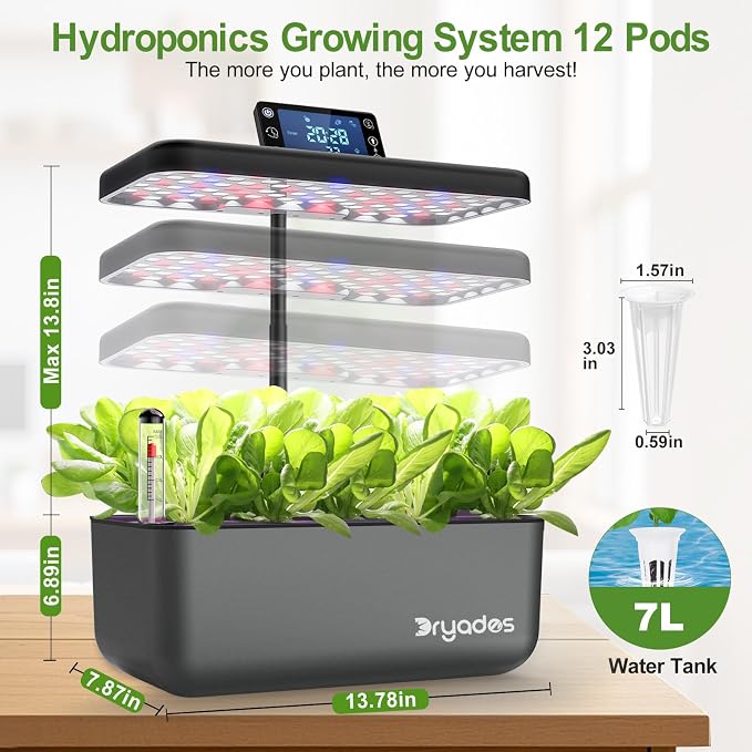 Hydroponics Growing System Kit with Seeds, 12-Pod Indoor Garden with 24W Full-Spectrum LED Grow Light, Smart LCD Control and 7L Water Tank for Herbs, Lettuce, Vegetables and Flowers(Black)