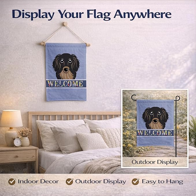 Caroline's Treasures BB1399GF Longhair Black and Tan Dachshund Welcome Garden Flag, Blue Mailbox Flag Decorative Yard Flag Banner Outside Patio Artwork Yard Flower Beds, Garden Size, Multicolor