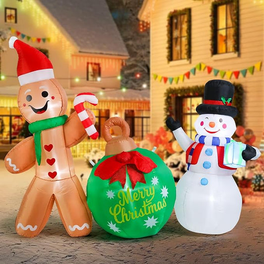 MUMTOP Inflatable Gingerbread Man-Christmas Inflatable Outdoor Decoration - 6.3 FT Gingerbread and Snowman Inflatables with Ball Blow Up Lighted Holiday Displays for Garden Yard Outside Decor