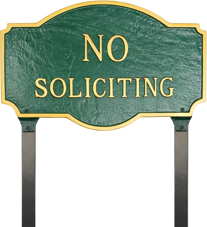 10" x 15" Standard Montague No Soliciting Statement Plaque Sign with Lawn Stakes - Green/Gold
