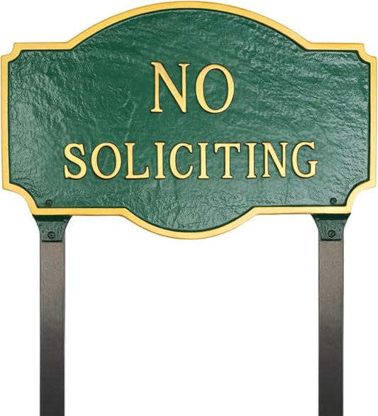 10" x 15" Standard Montague No Soliciting Statement Plaque Sign with Lawn Stakes - Green/Gold