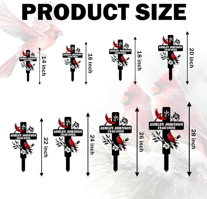 Personalized Cardinal Garden Sign with Stakes, Custom Name Sign, Yard Decor Outdoor, Memorial Gift for Mom, Garden Plaque Sympathy Gifts, loss loved Ones Cross Sign