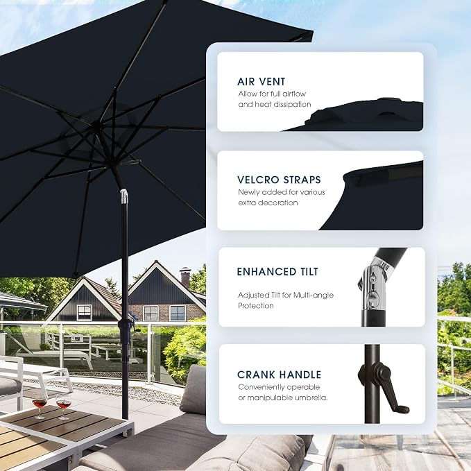 wikiwiki 9FT Patio Umbrella with Base, Outdoor Umbrellas with Base Included, 8 Sturdy Ribs, Waterproof Fade Resistant POLYESTER DTY Canopy for Deck, Lawn, Garden, Backyard & Pool, Navy