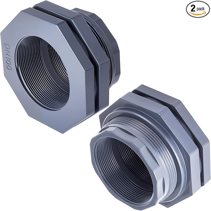2 Pcs 4 Inch Bulkhead Fitting PVC Water Tank Connector Plumbing Pipe Threaded Bulkhead Fitting NPT for Rain Barrels, Water Tanks, Aquariums, Tubs, Pools