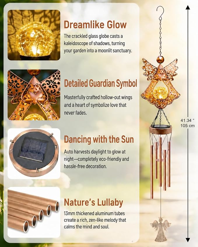 Angel Solar Wind Chimes for Outside: Metal Outdoor Memorial Decor | Easy Hanging for Garden Patio Tree Window - Melodious Birthday Gifts for Women Mom Grandma