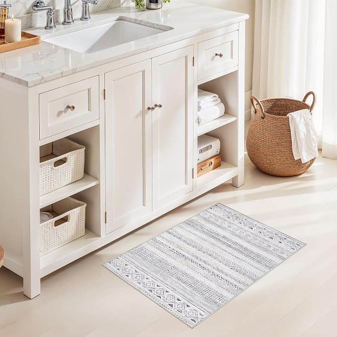 cotiled Washable 2x3 Entryway Rugs: Boho Moroccan Soft Small Rug | Solve Modern Neutral Trendy Home Decor - Low Pile Stain Resistant for Bathroom Entryway Kitchen Laundry Room Dark Grey