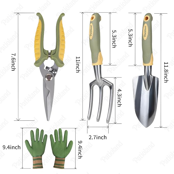 4-Piece Green Garden Tools Set,Patioland Ergonomic Gardening Hand Tools w/Hand Trowel,Cultivator Rake,Pruning Shear & Gloves for Planting Weeding,Yard Tools Gift for Women Men Gardender Plant Lovers
