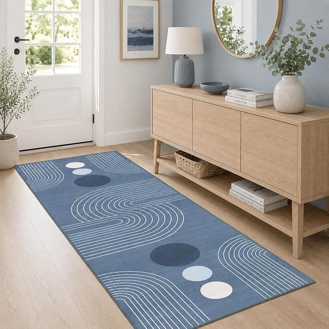 Boho Runner Rug 2x6 Modern Geometric Abstract Rug for Hallway Kitchen Bedroom Dusty Blue Mid Century Modern Runner Machine Washable Non-Slip Printed Low-Pile Long Floor Carpet for Bathroom Laundry