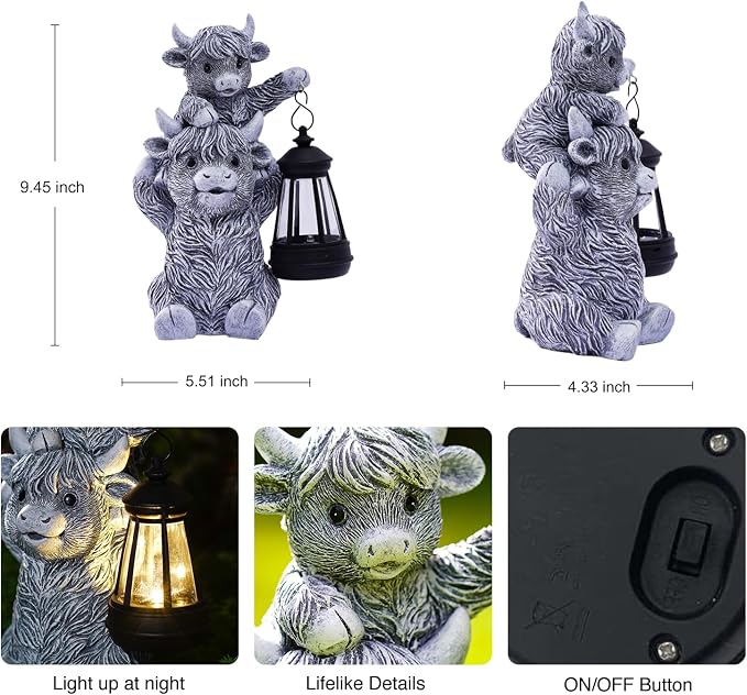 Highland Cow with Solar Lantern Garden Statue | 9.5 inch size, durable resin material, warm LED glow, unique gift for women & moms, perfect patio decor